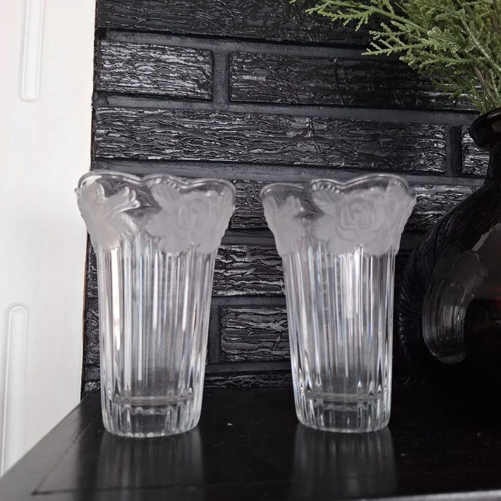 Studio Nova‎ Japan Etched Crystal Pair Floral Vase Set Of 2 Matching Vintage